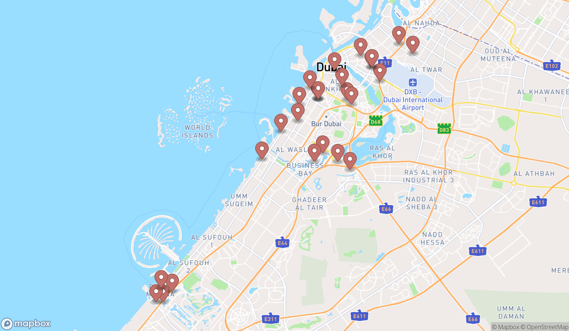Map showing the search results in Dubai