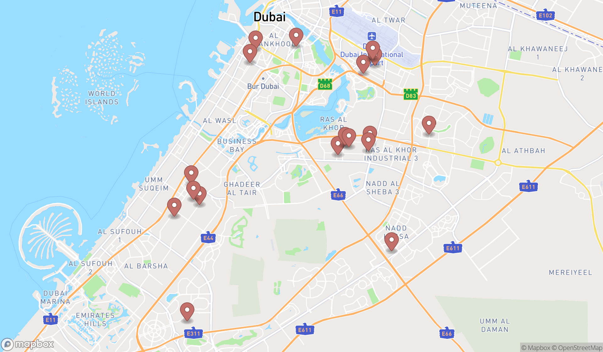 Map showing the search results in Dubai