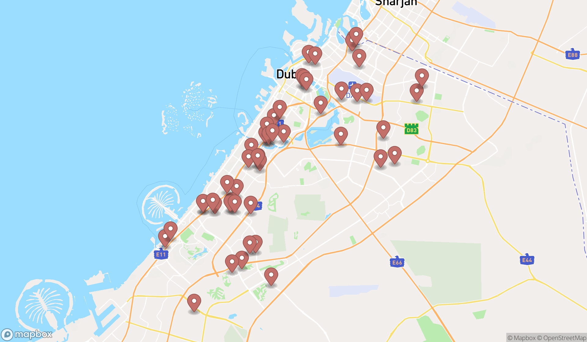 Map showing the search results in Dubai