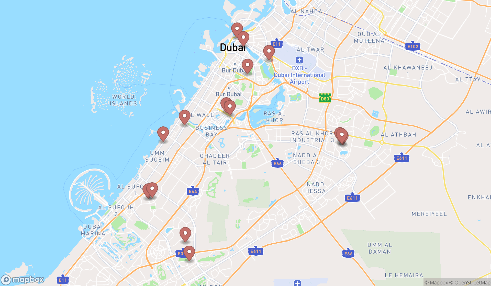 Map showing the search results in Dubai