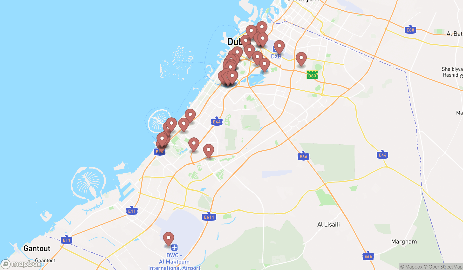 Map showing the search results in Dubai