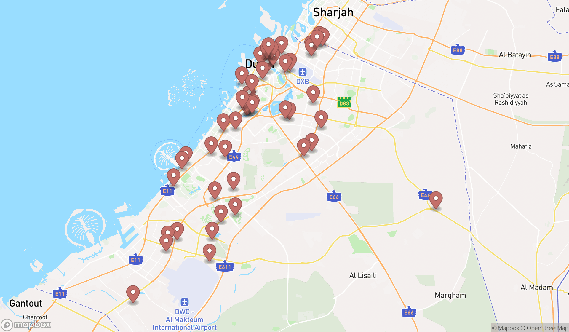 Map showing the search results in Dubai
