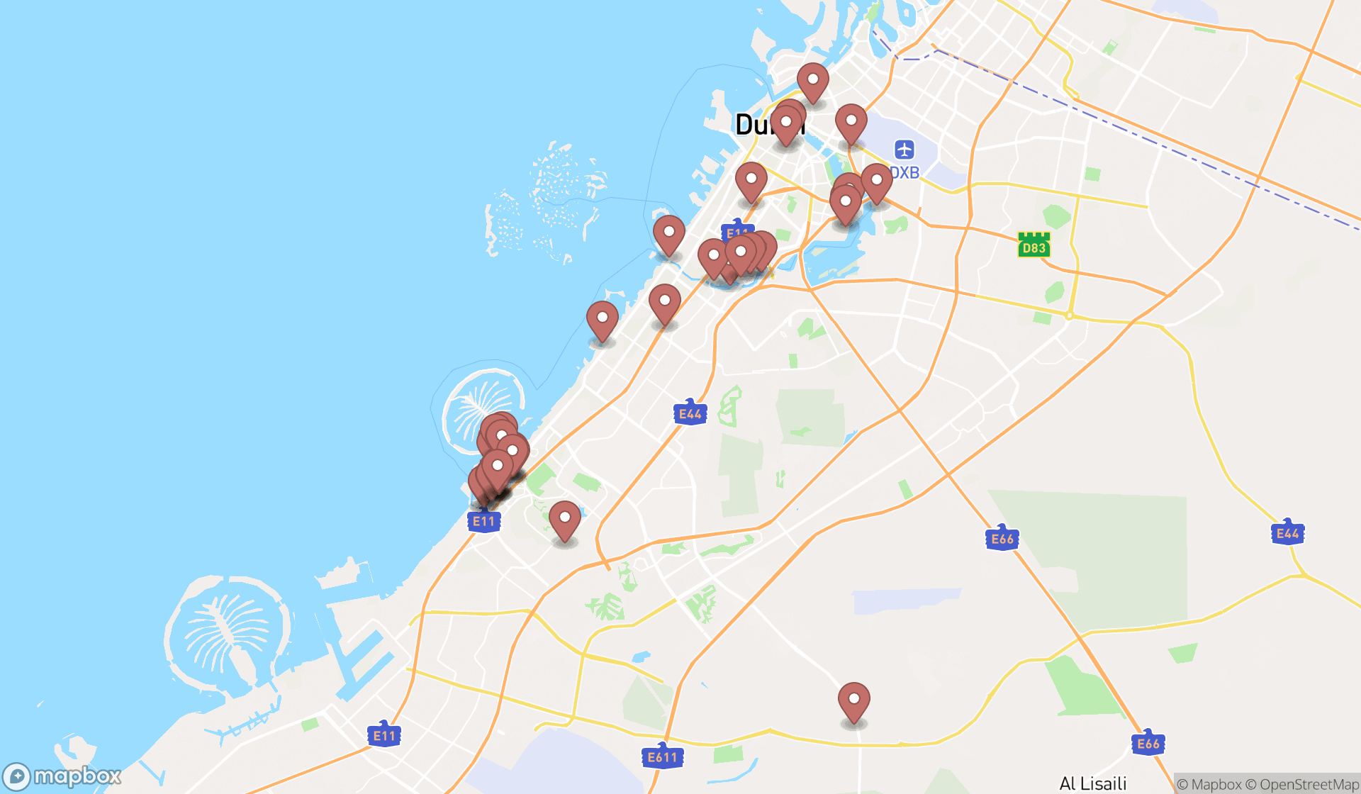 Map showing the search results in Dubai