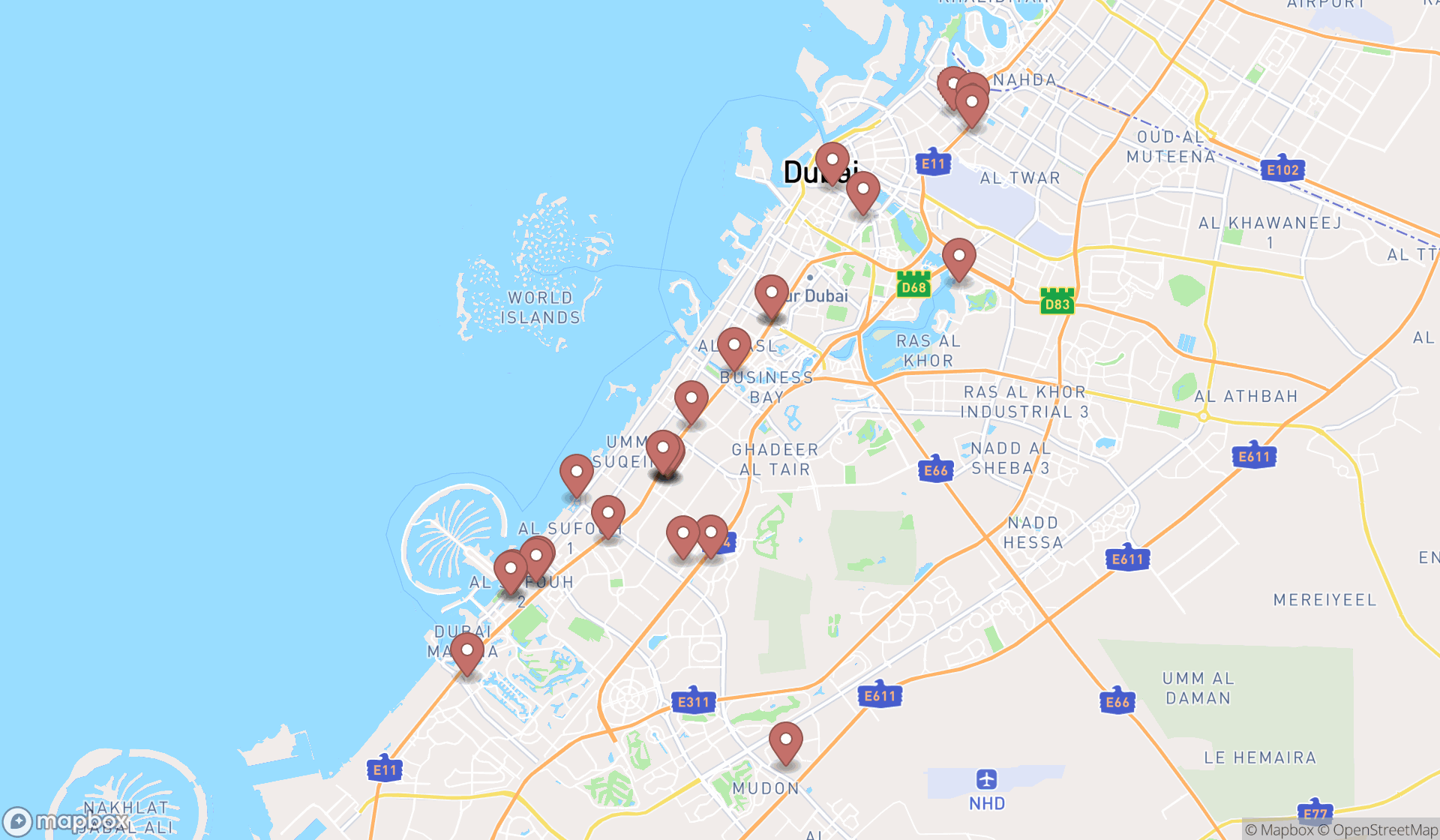Map showing the search results in Dubai