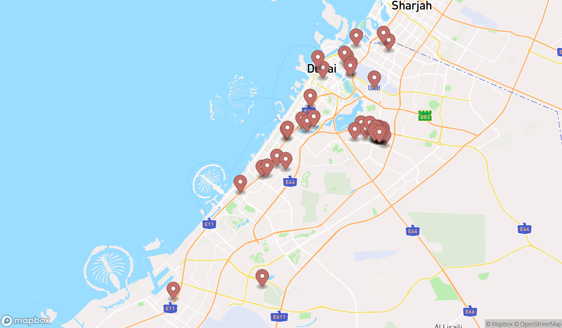 Map showing the search results in Dubai