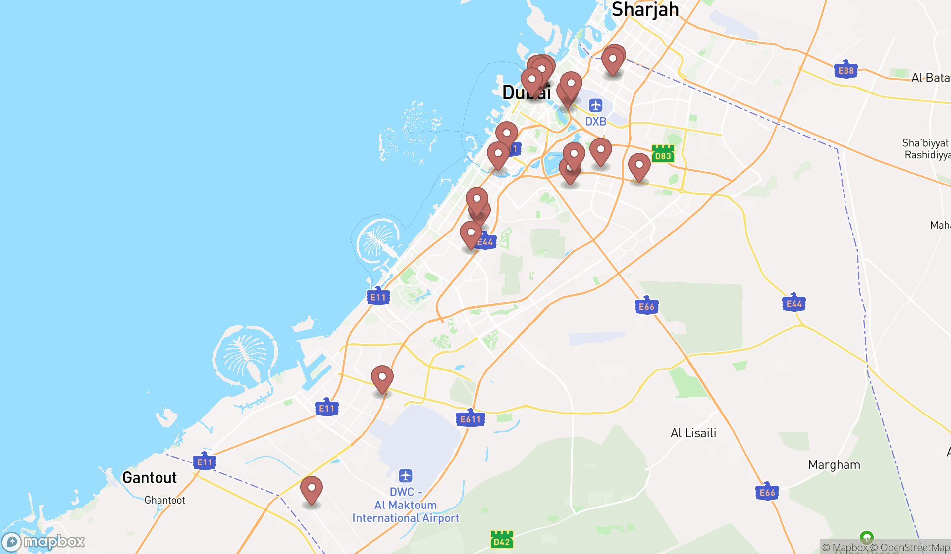 Map showing the search results in Dubai