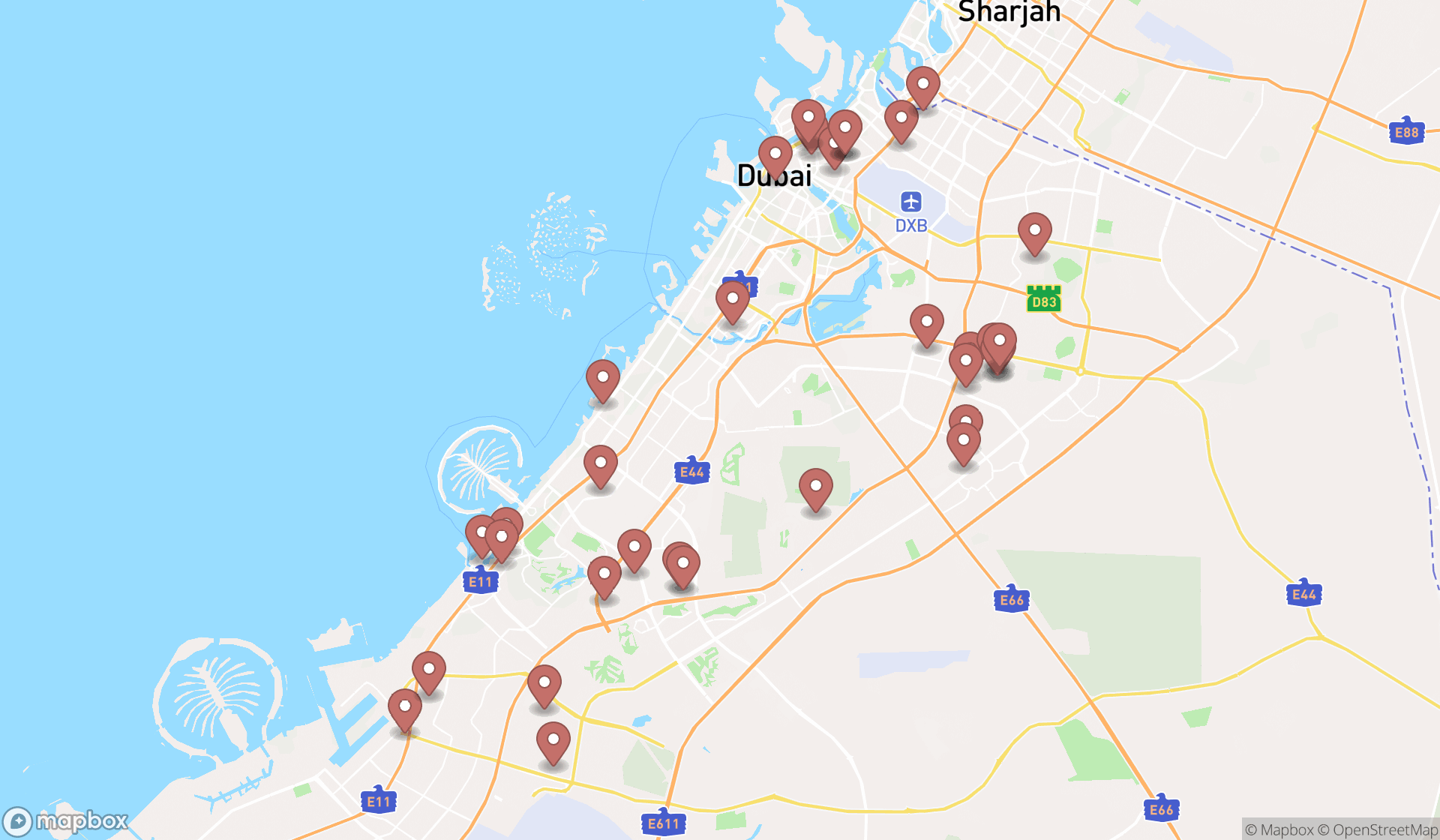 Map showing the search results in Dubai