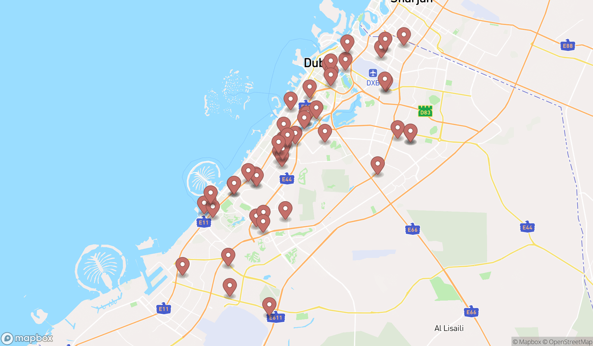 Map showing the search results in Dubai