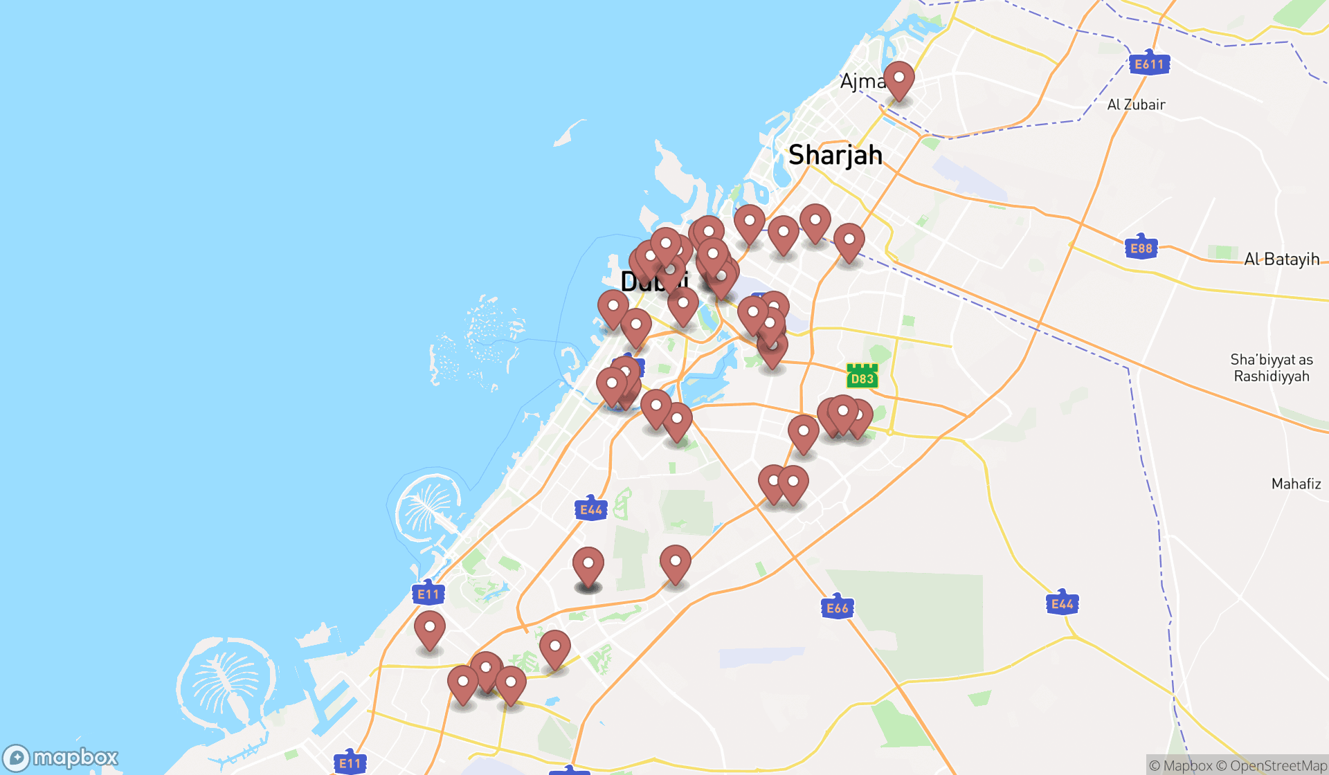 Map showing the search results in Dubai