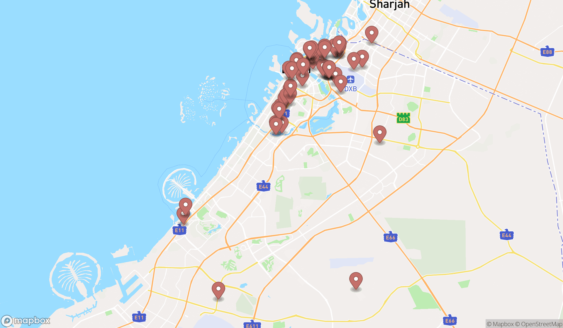 Map showing the search results in Dubai