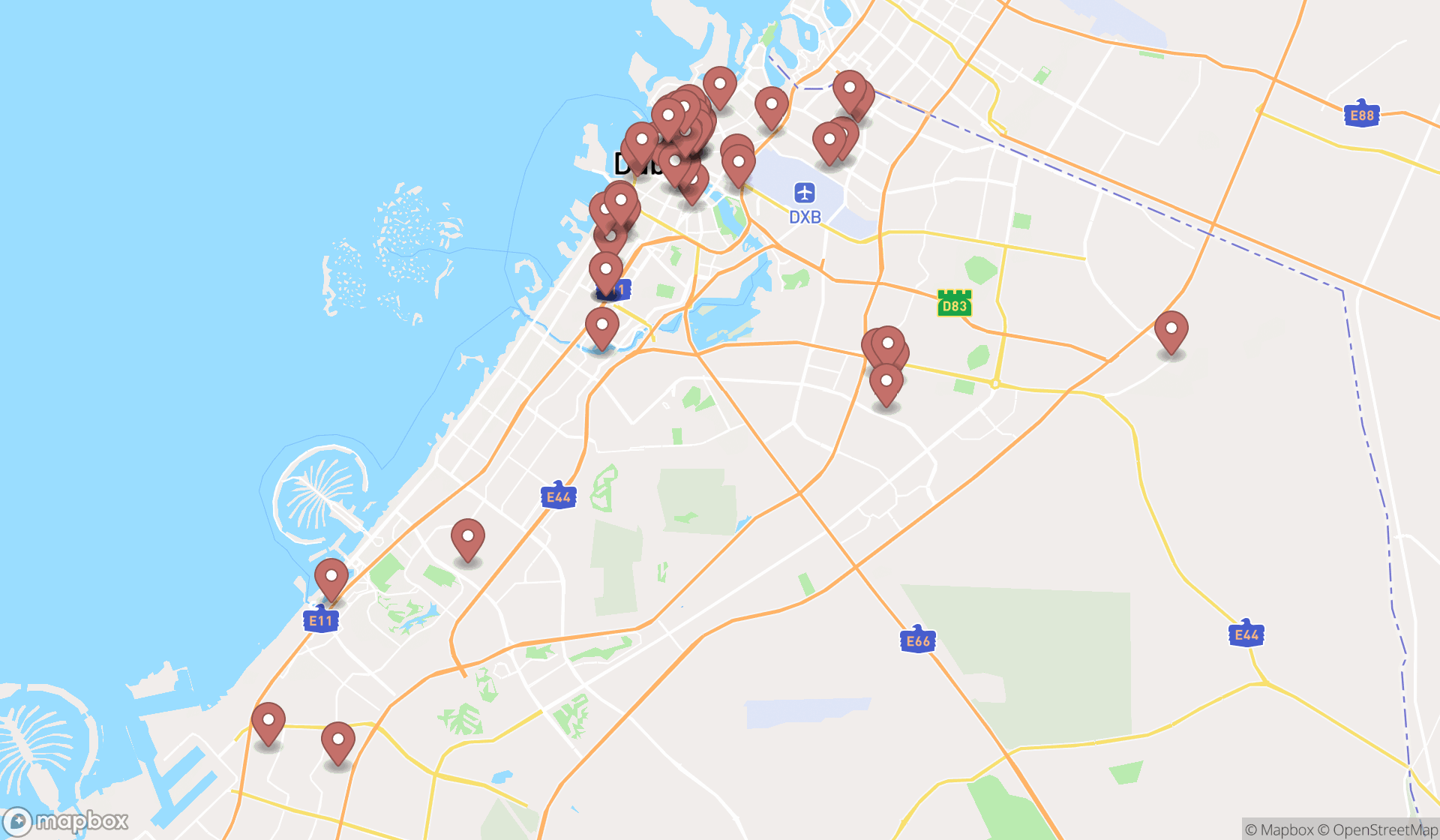 Map showing the search results in Dubai