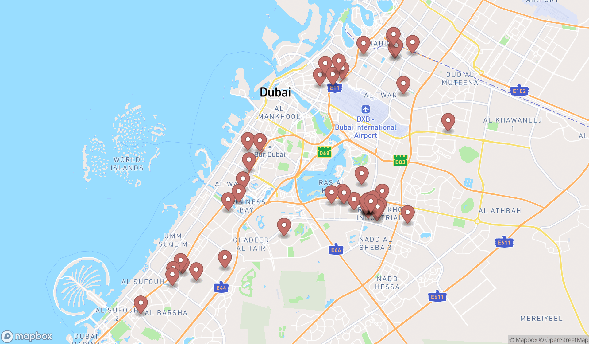 Map showing the search results in Dubai