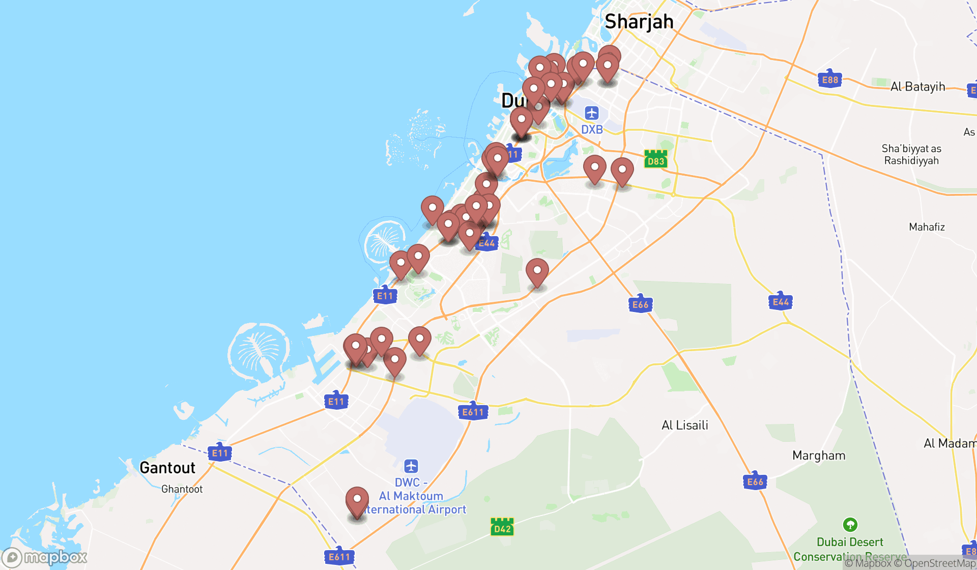 Map showing the search results in Dubai