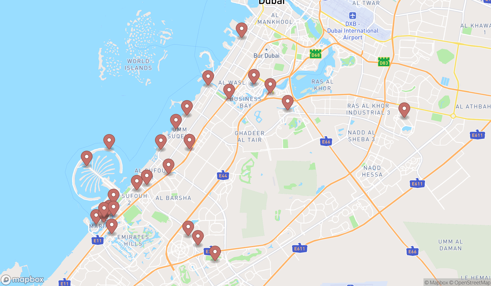 Map showing the search results in Dubai