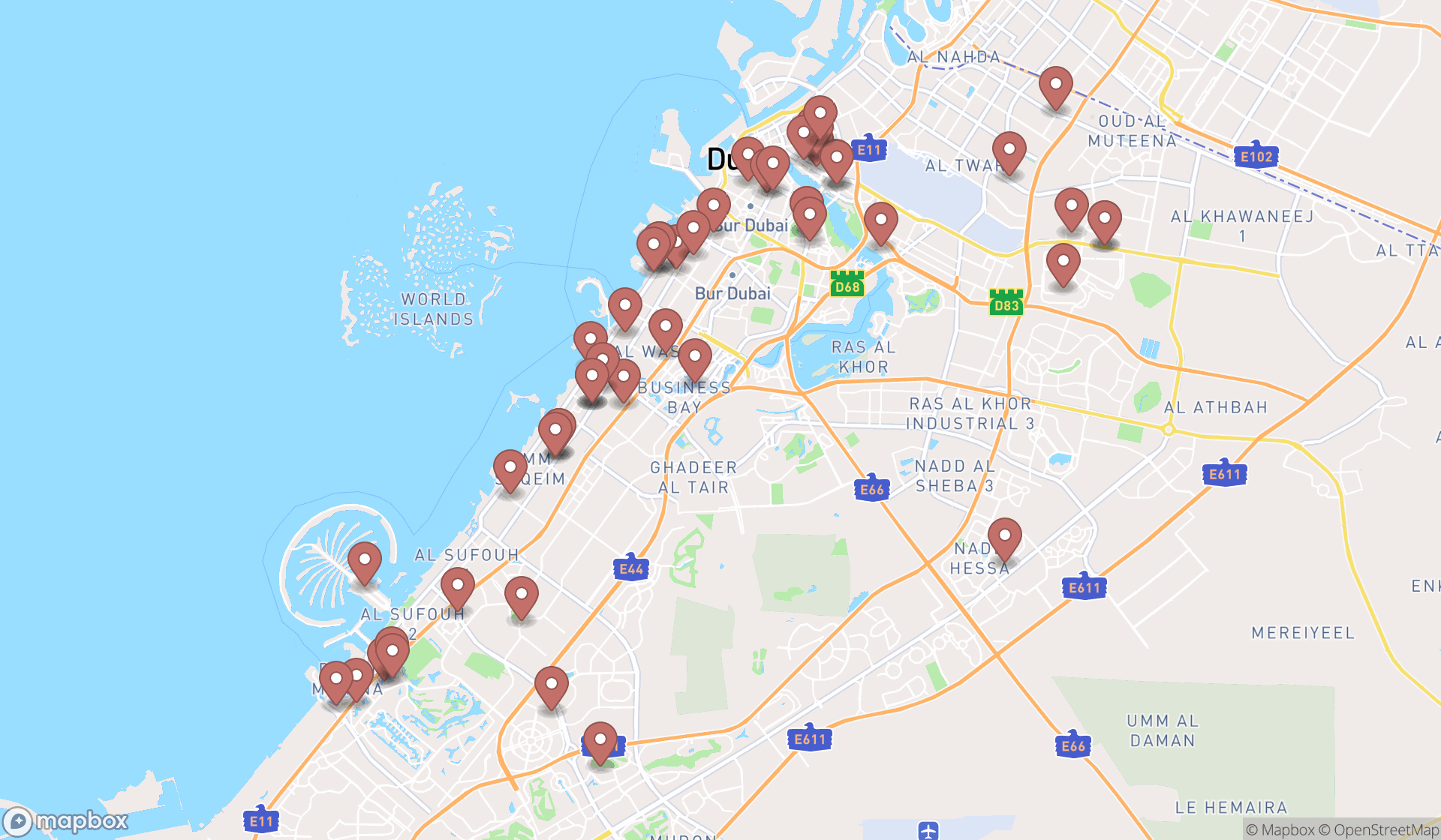 Map showing the search results in Dubai
