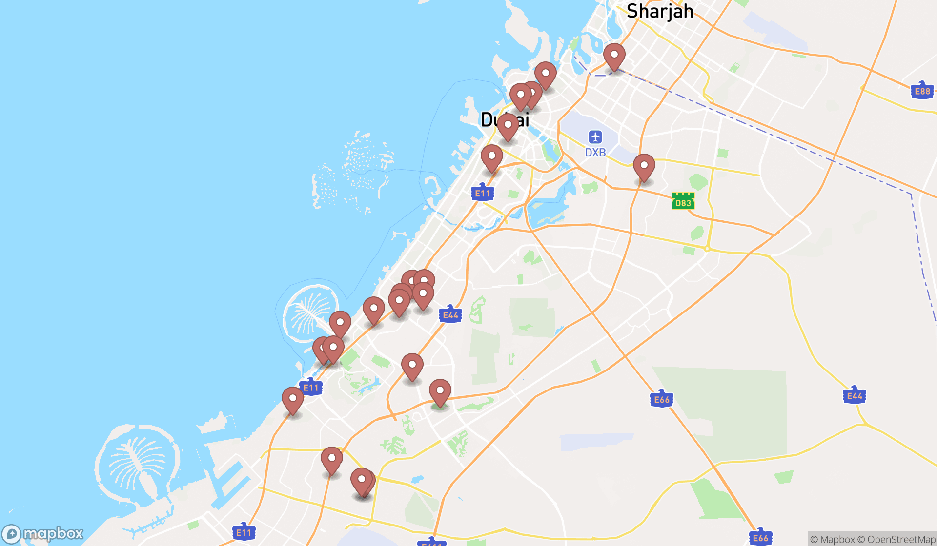 Map showing the search results in Dubai