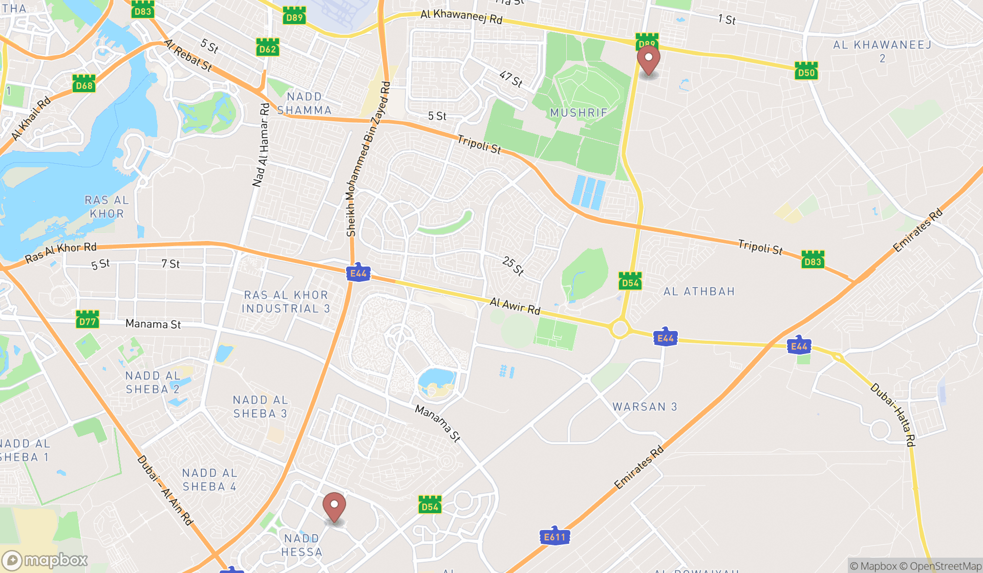 Map showing the search results in Dubai