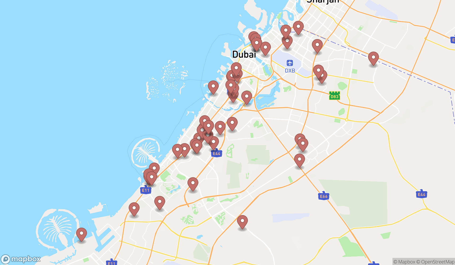 Map showing the search results in Dubai