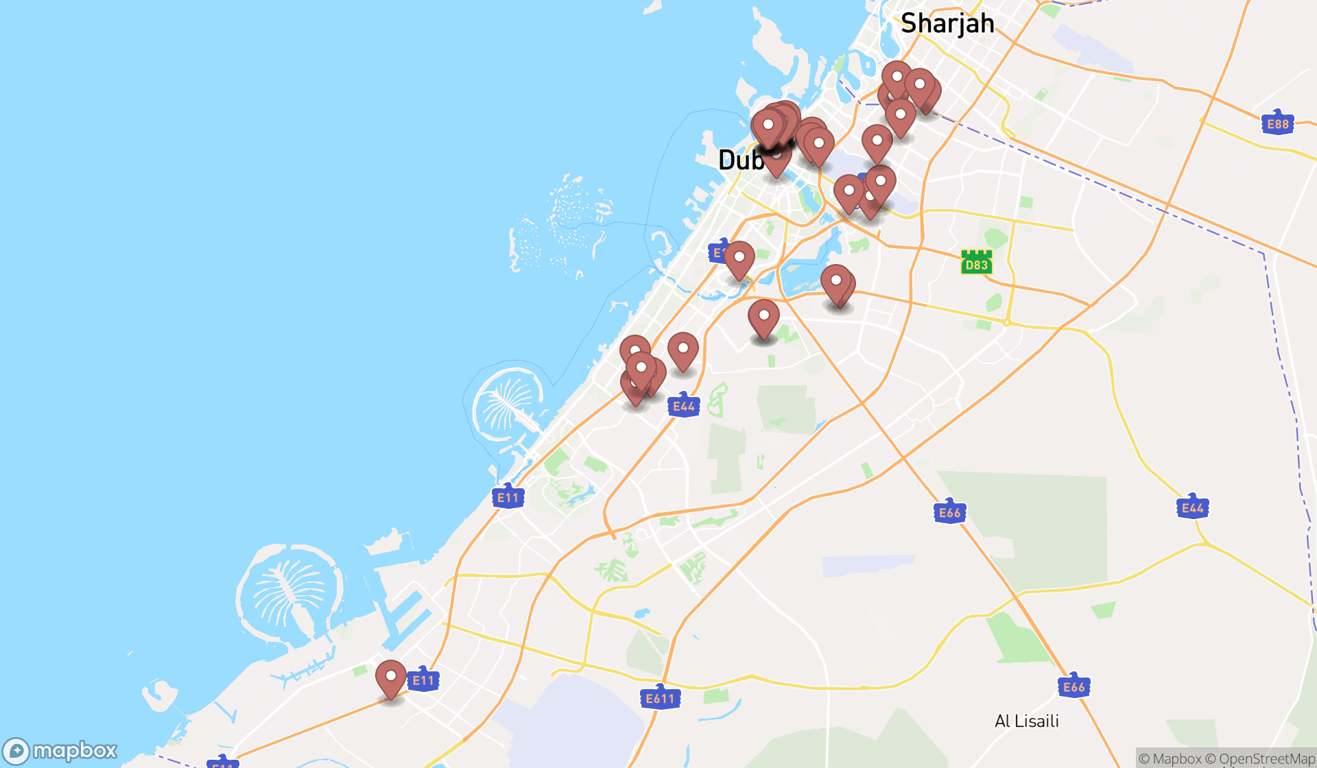 Map showing the search results in Dubai
