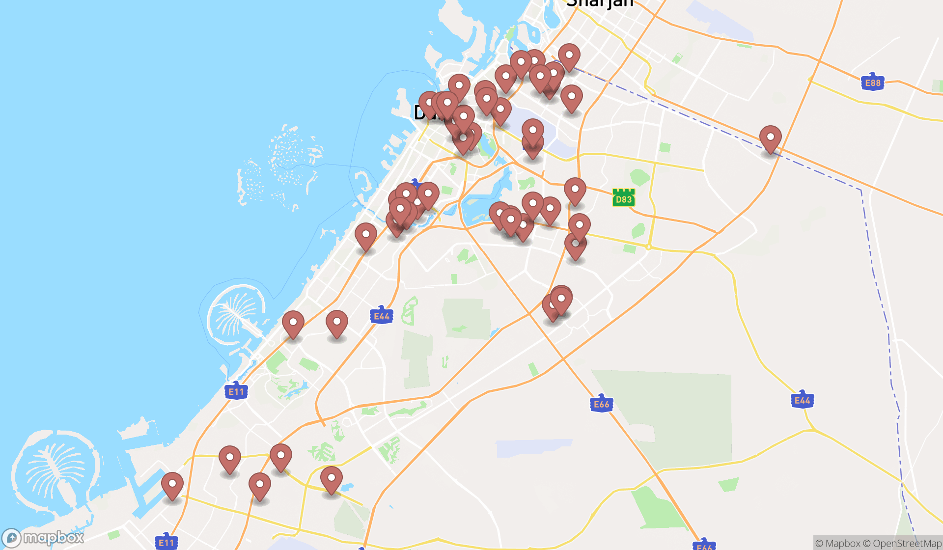 Map showing the search results in Dubai