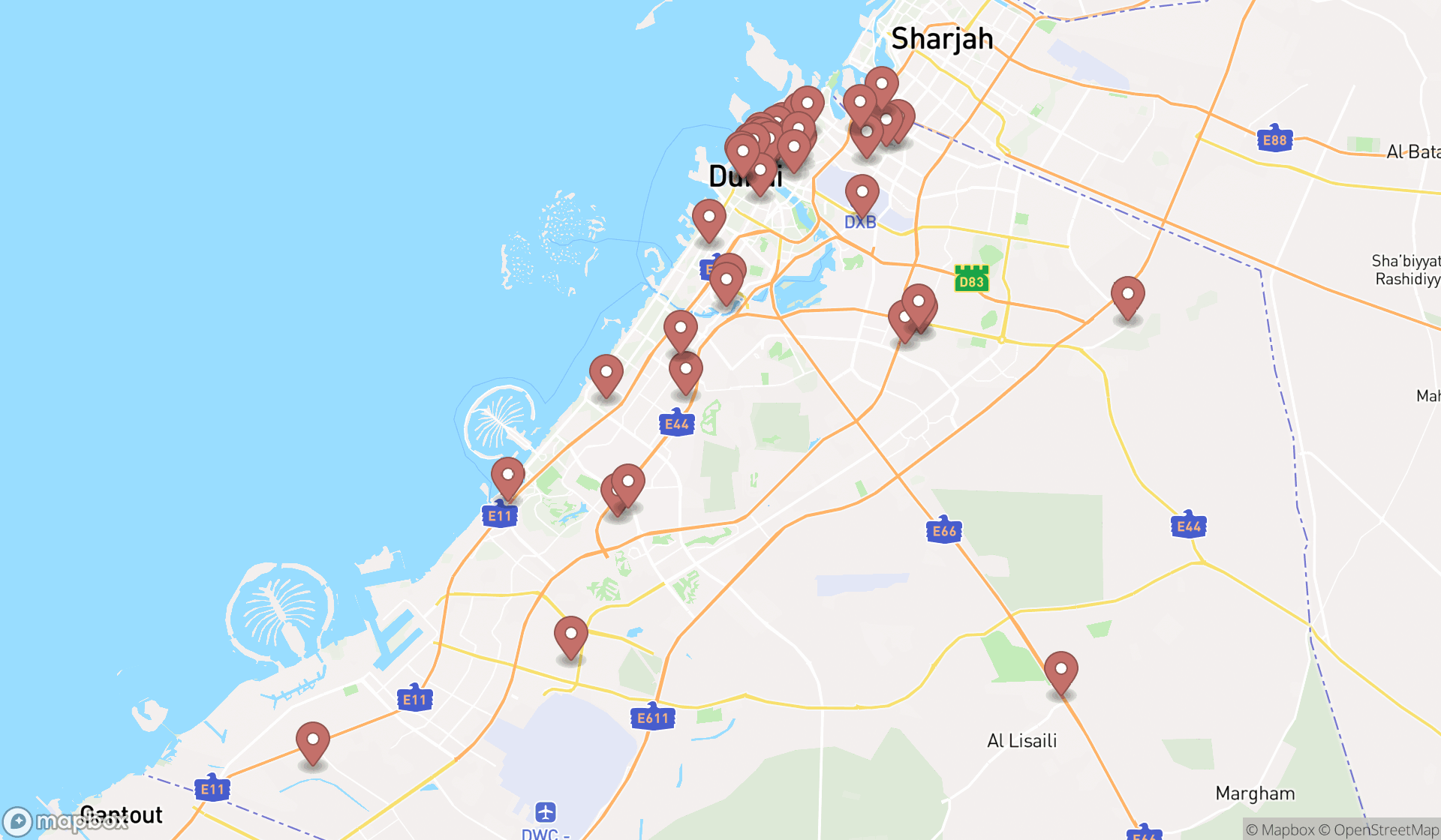 Map showing the search results in Dubai