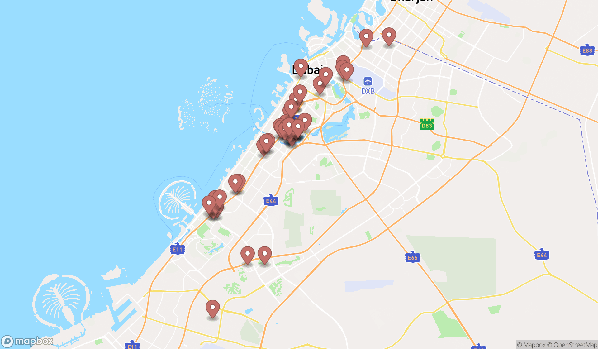 Map showing the search results in Dubai