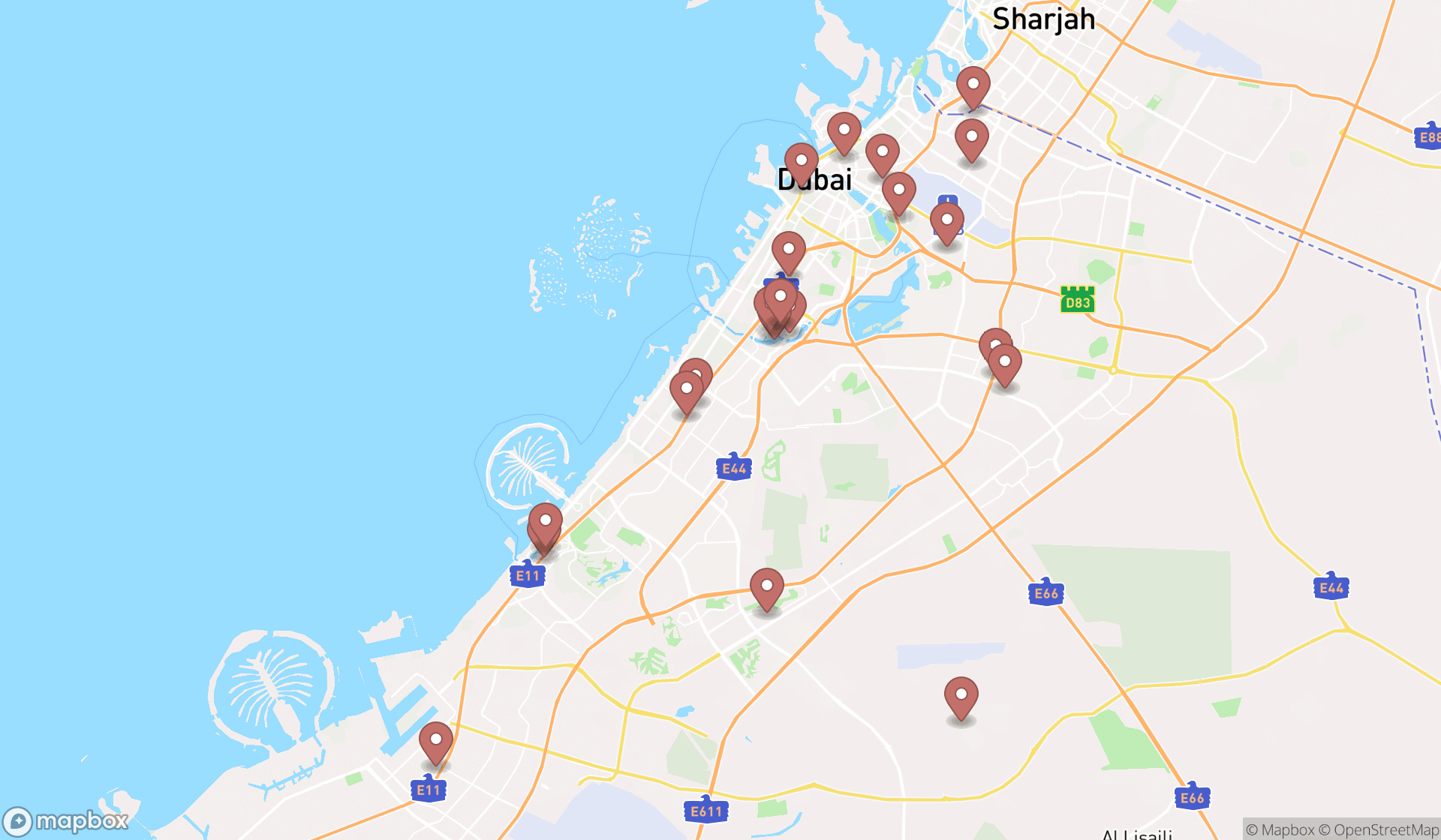 Map showing the search results in Dubai