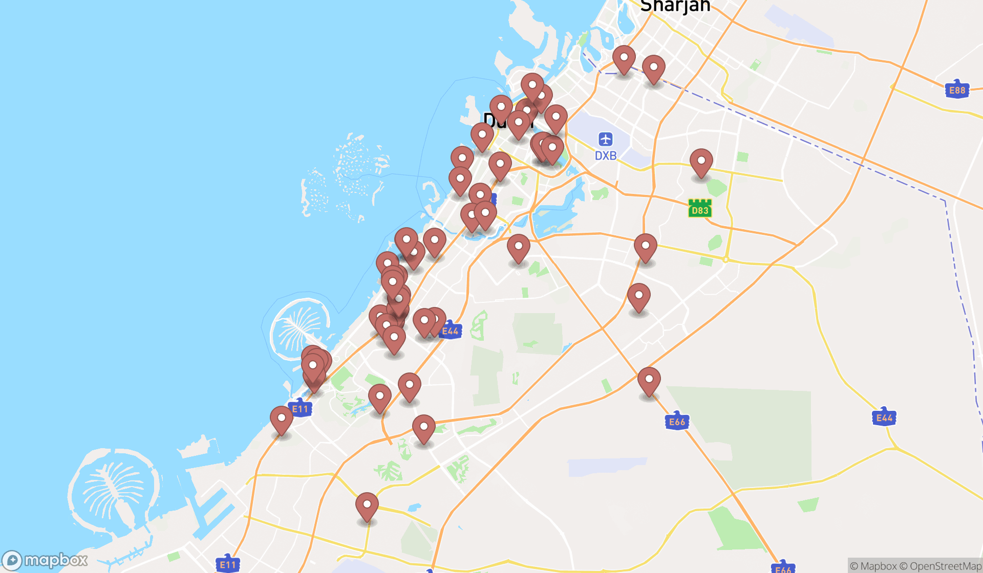 Map showing the search results in Dubai
