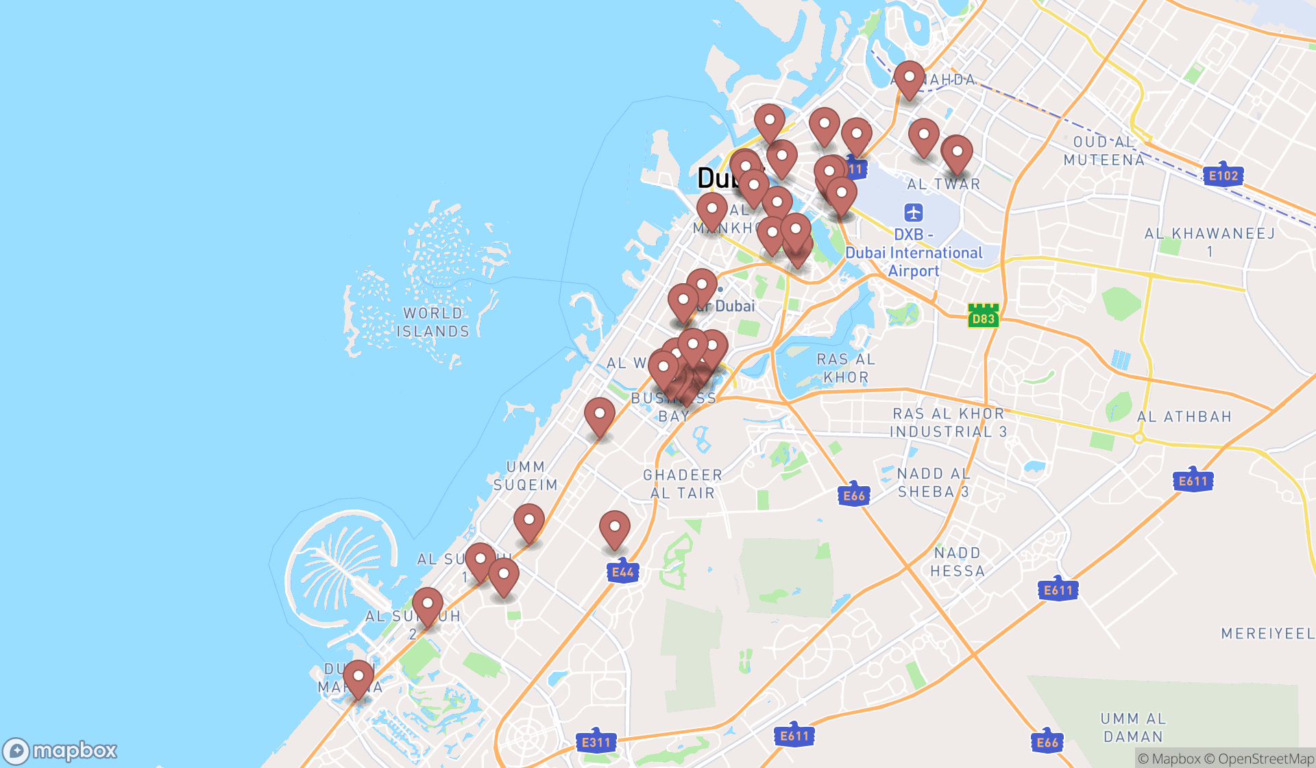 Map showing the search results in Dubai
