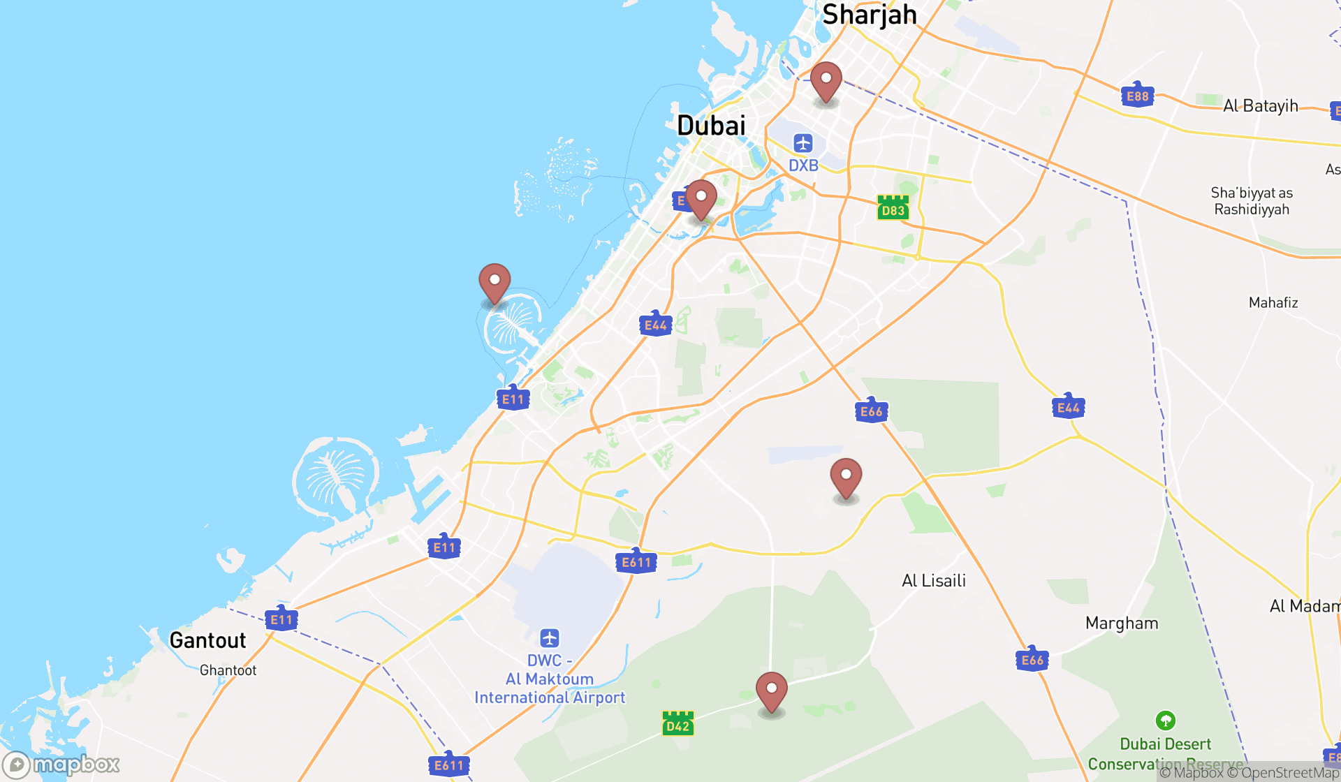 Map showing the search results in Dubai