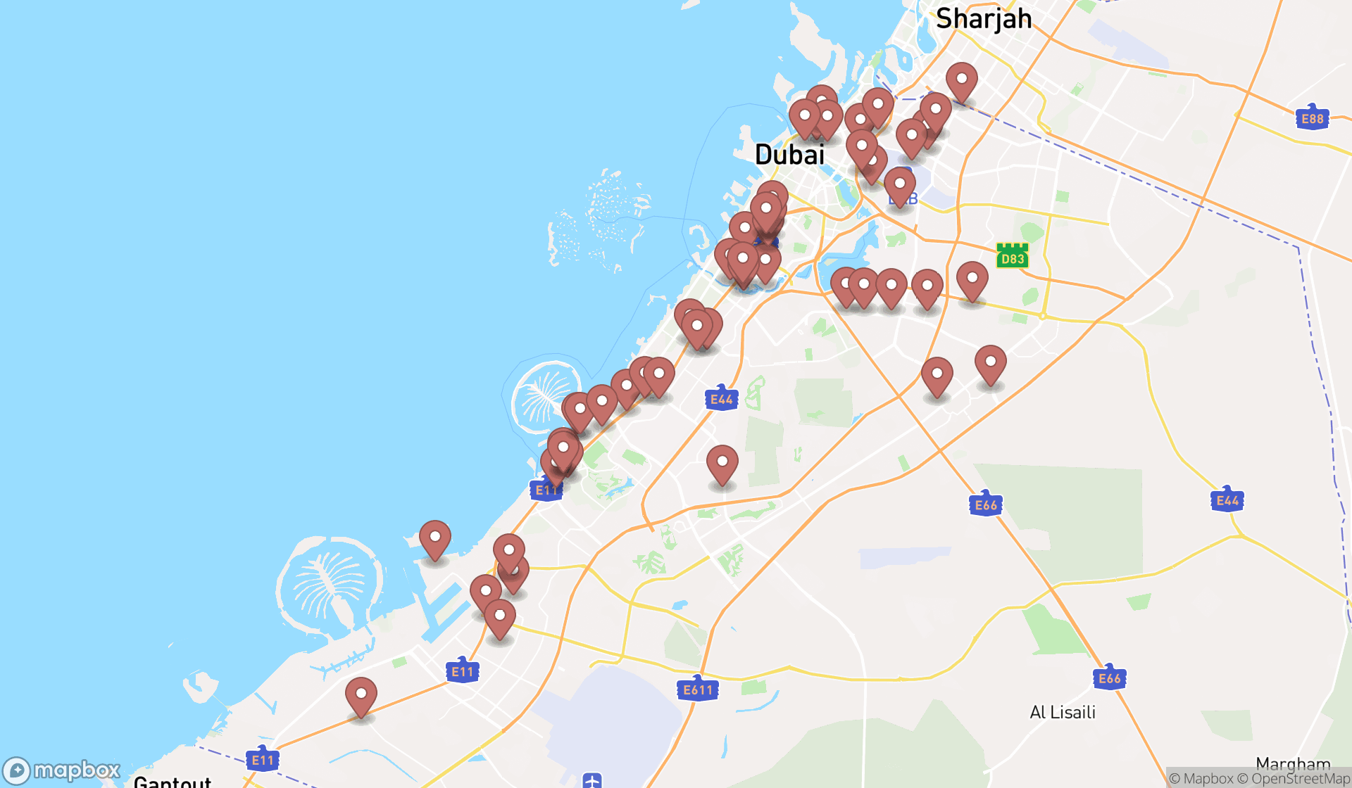 Map showing the search results in Dubai