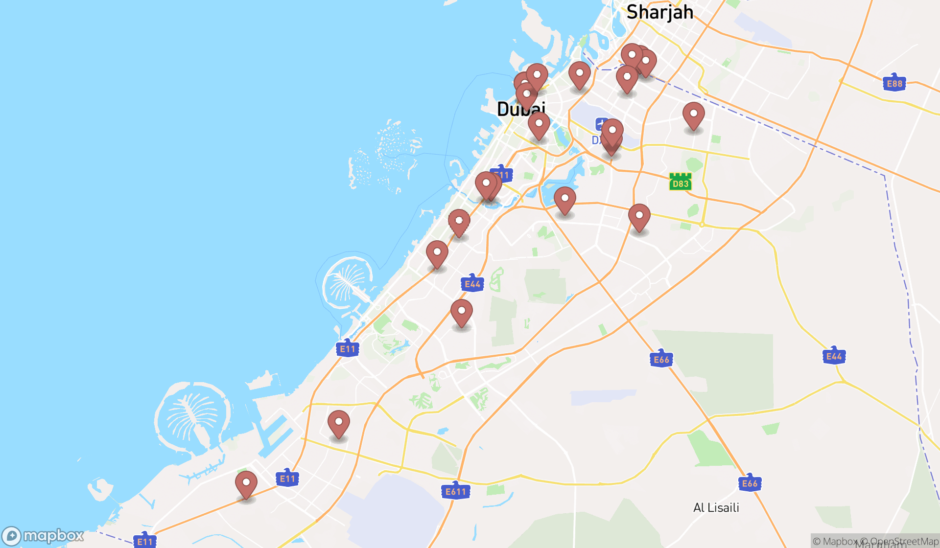 Map showing the search results in Dubai