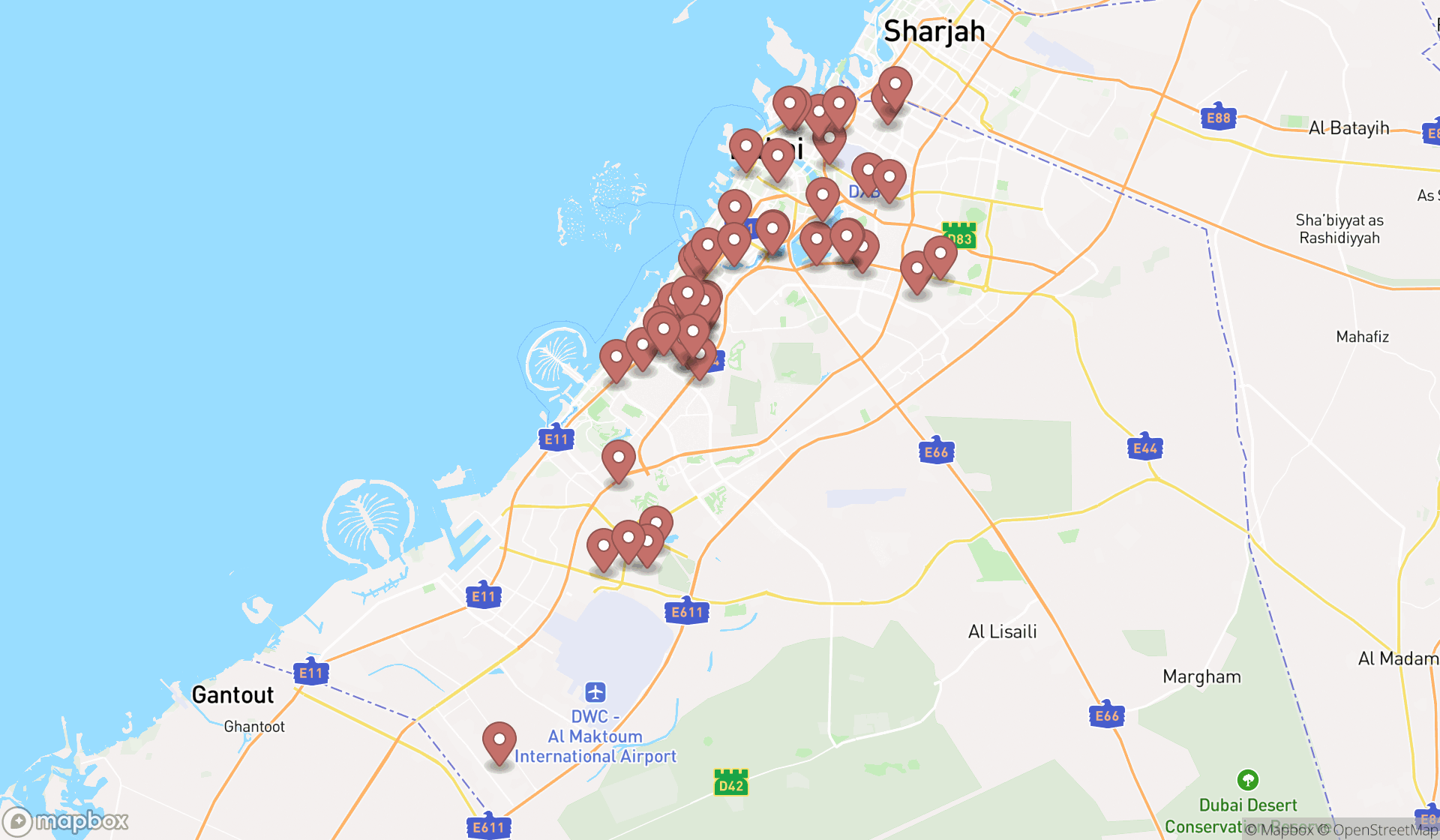 Map showing the search results in Dubai