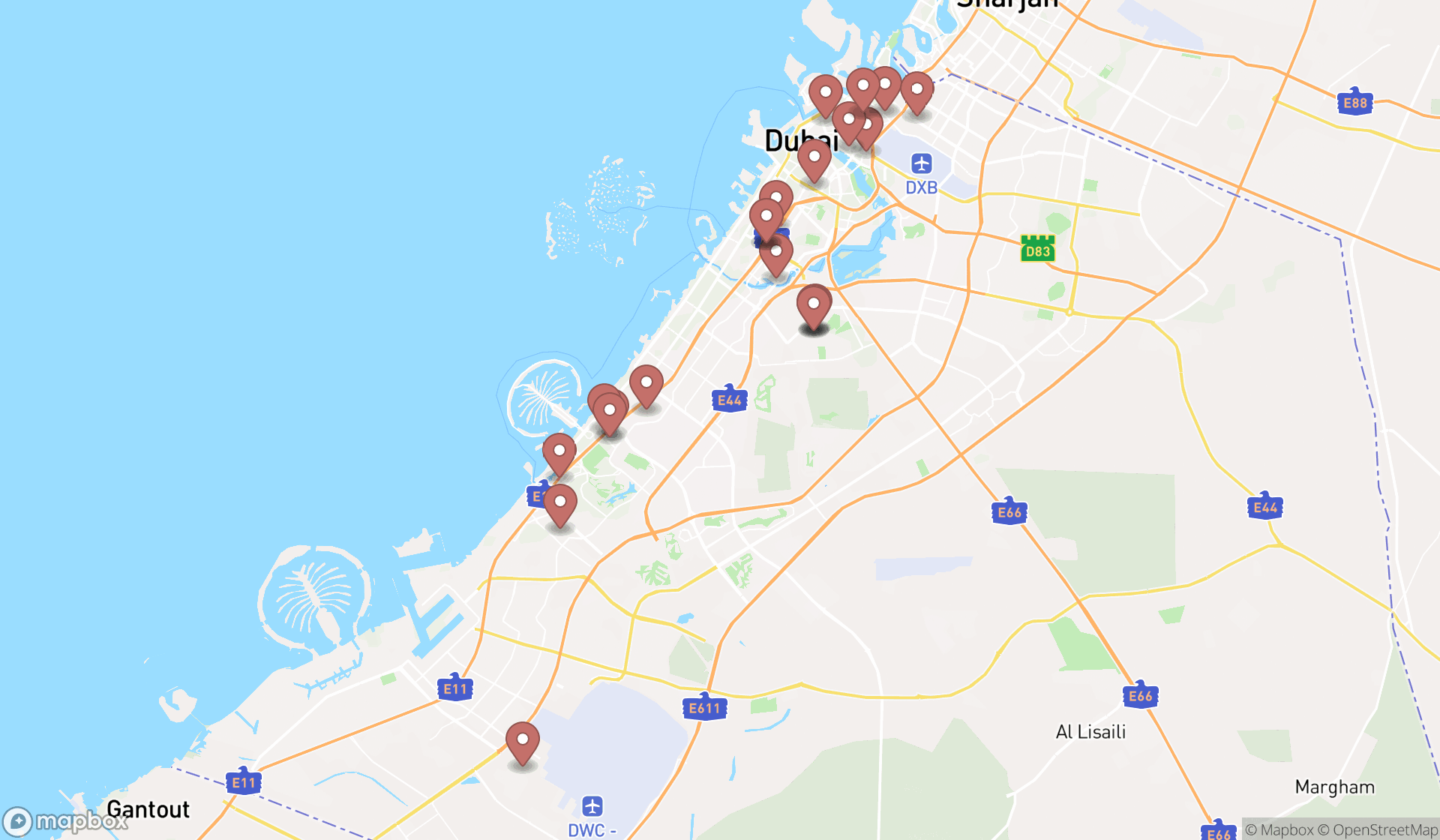 Map showing the search results in Dubai