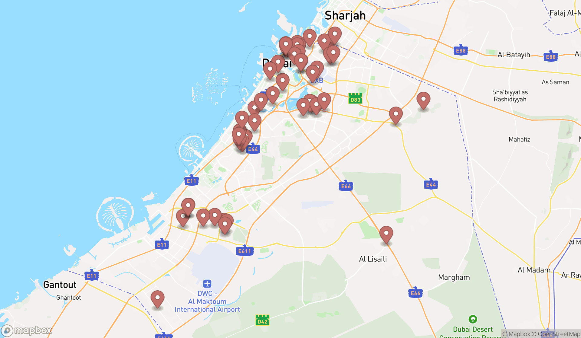 Map showing the search results in Dubai