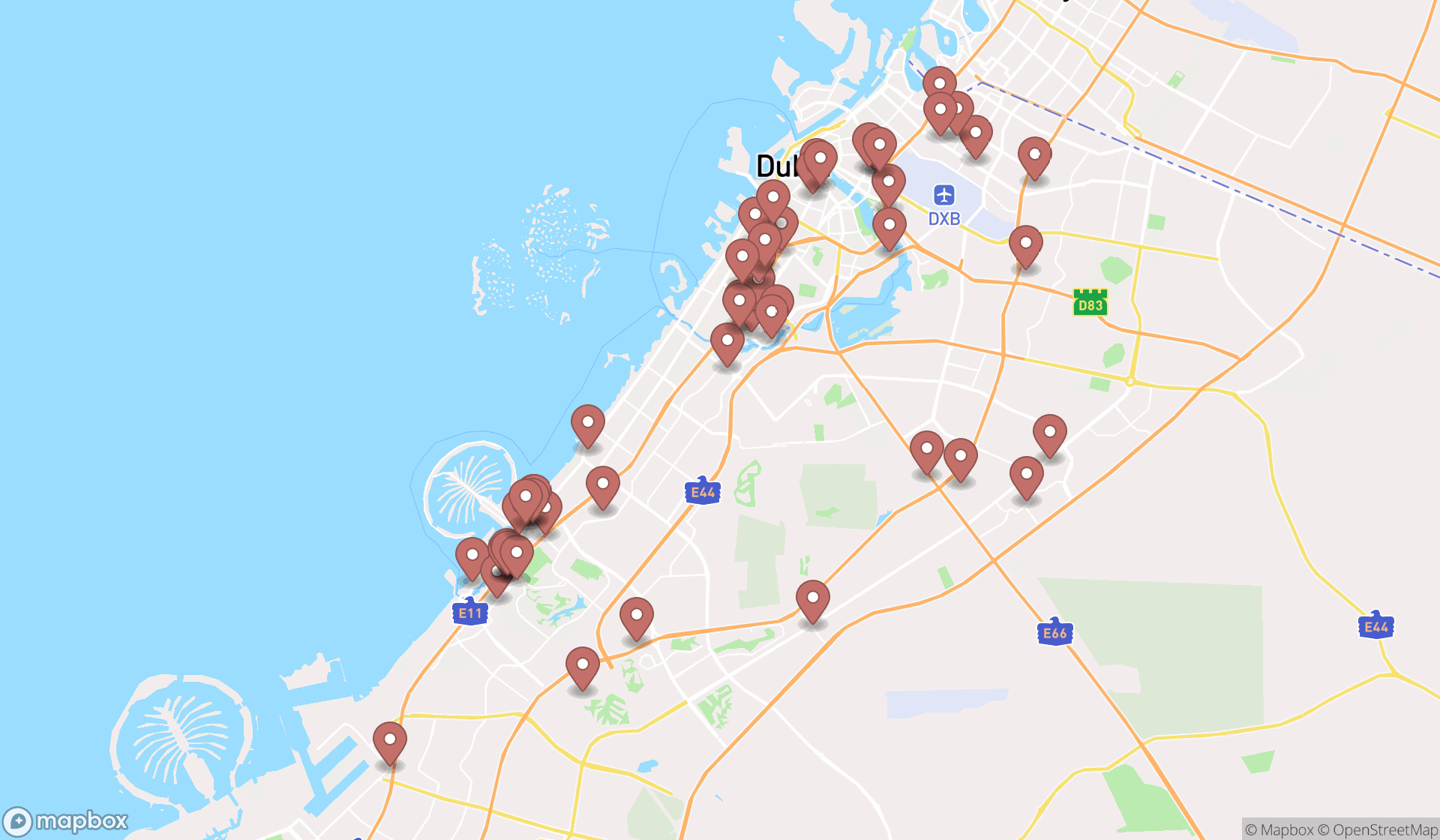 Map showing the search results in Dubai