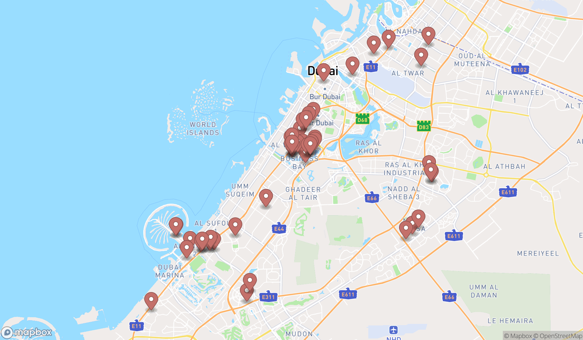 Map showing the search results in Dubai