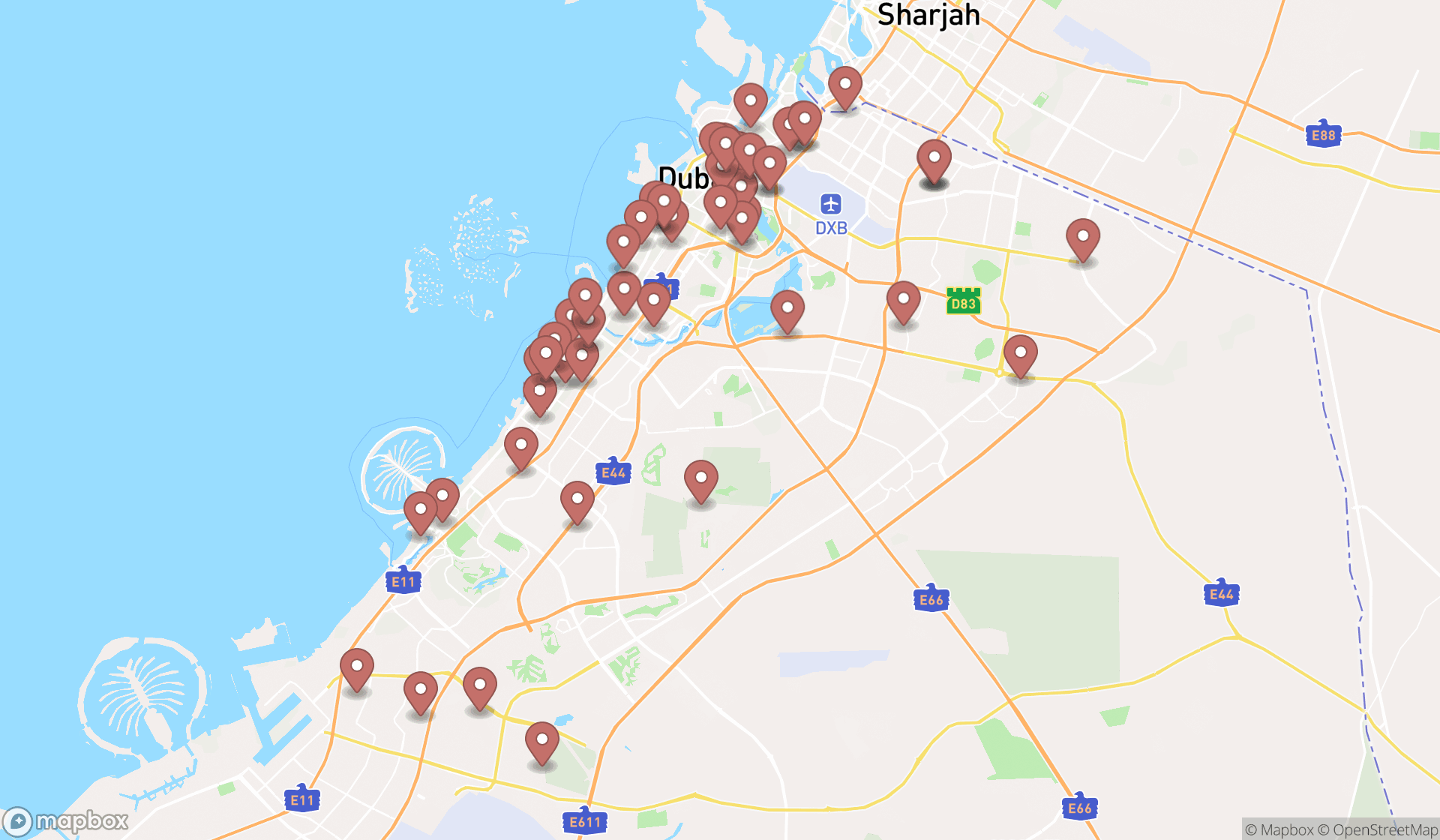 Map showing the search results in Dubai