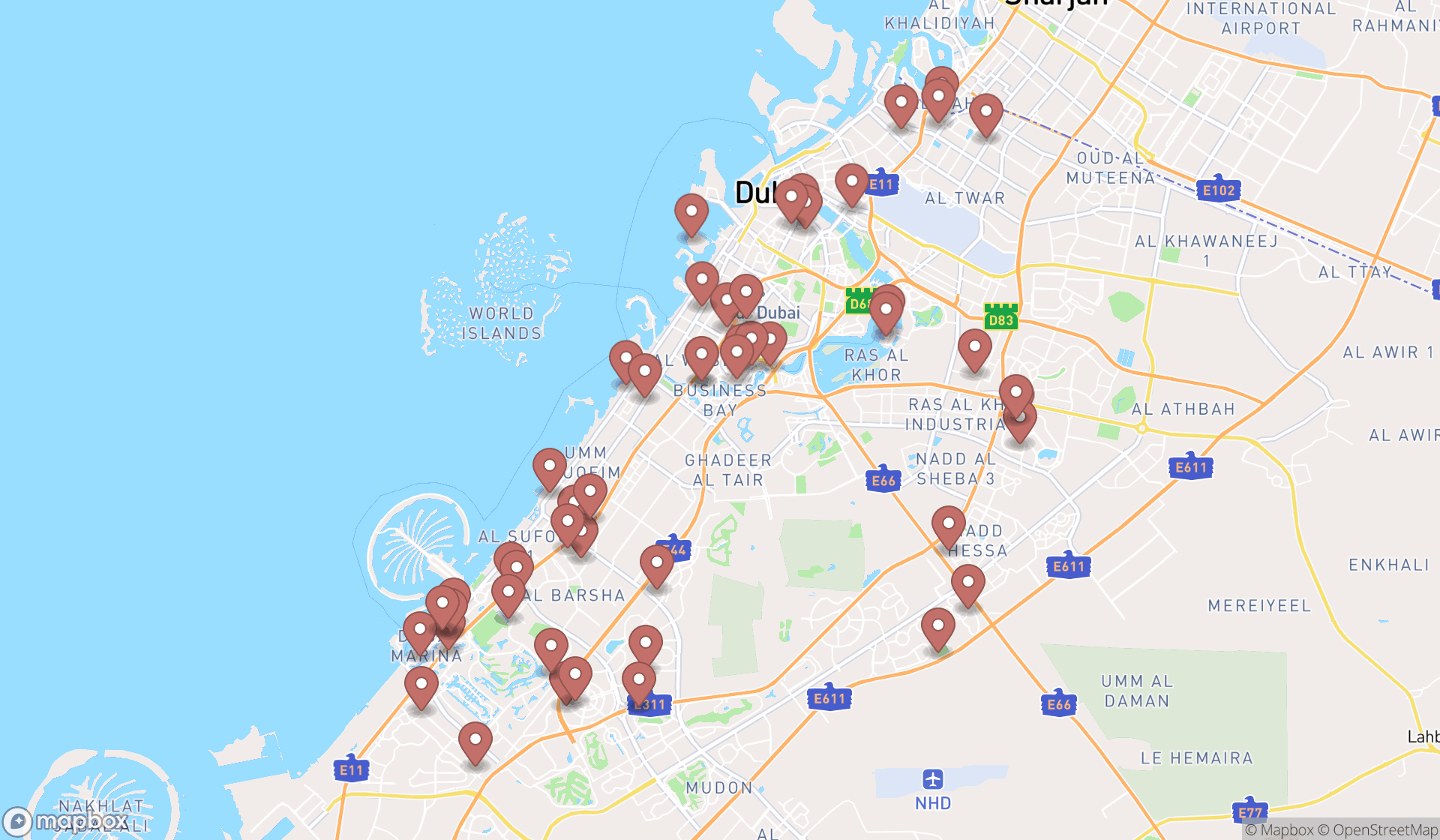 Map showing the search results in Dubai