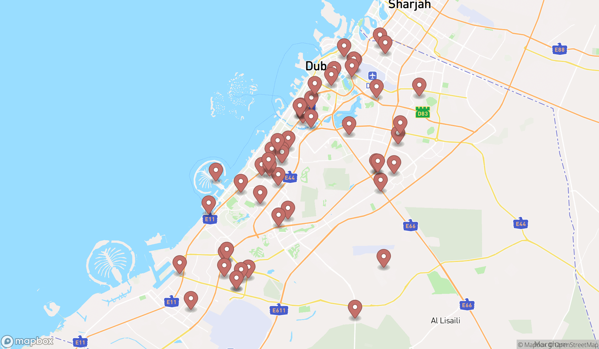 Map showing the search results in Dubai