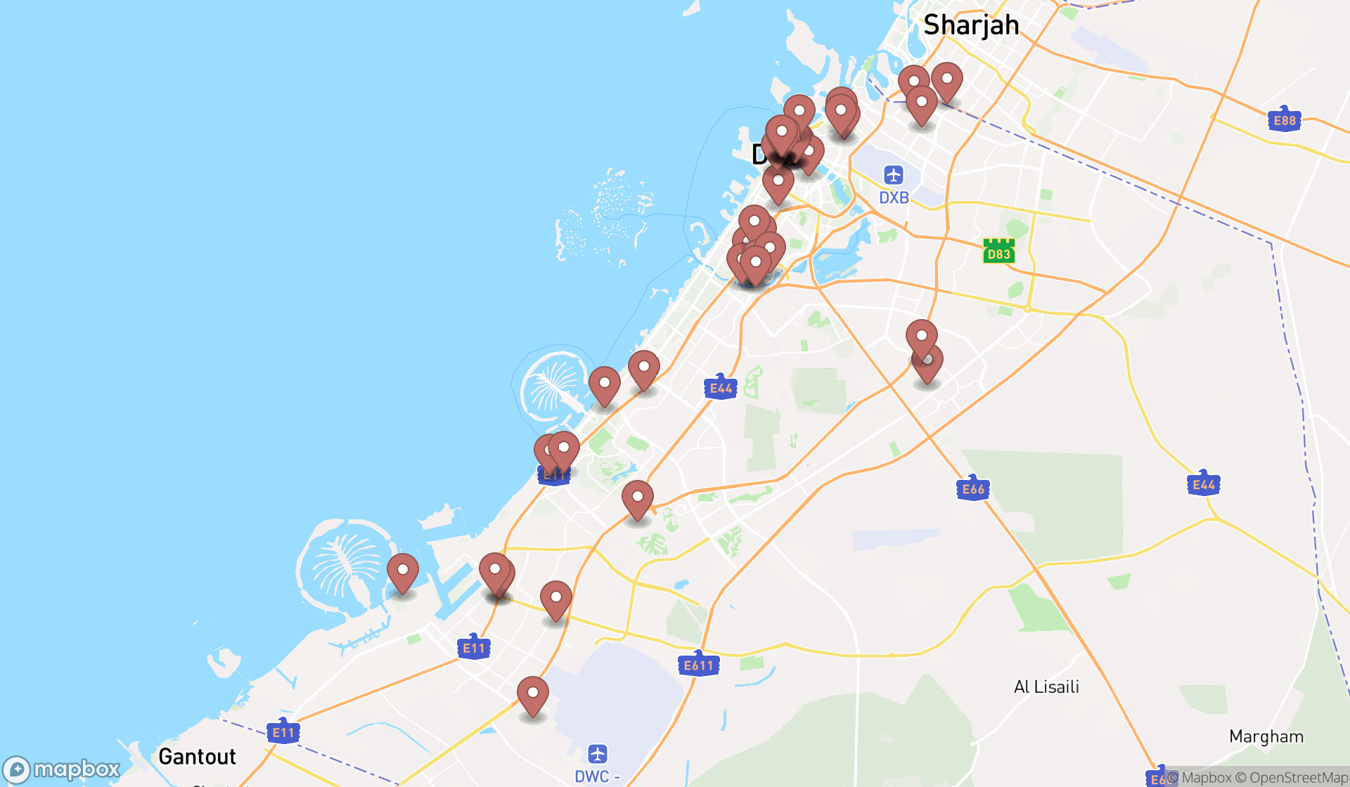 Map showing the search results in Dubai