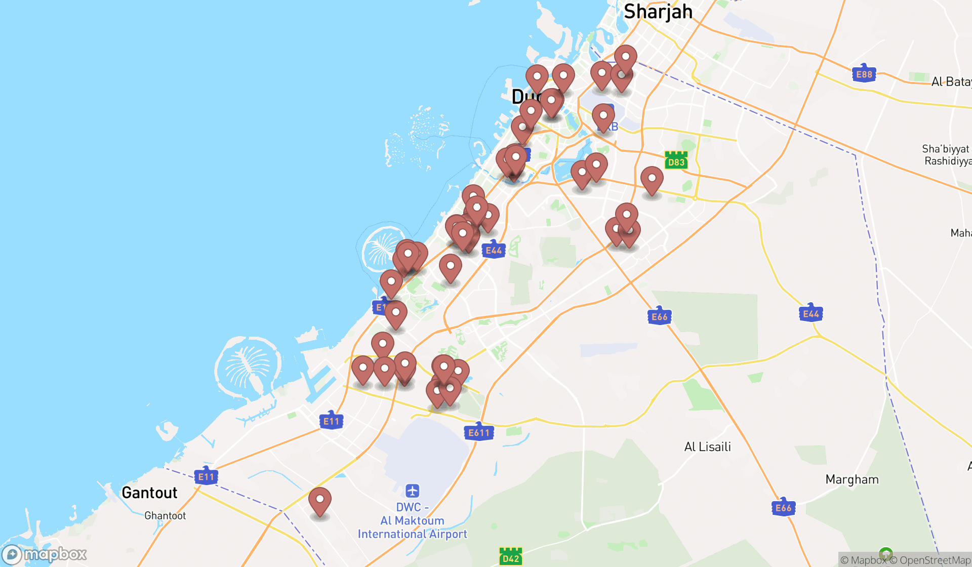 Map showing the search results in Dubai