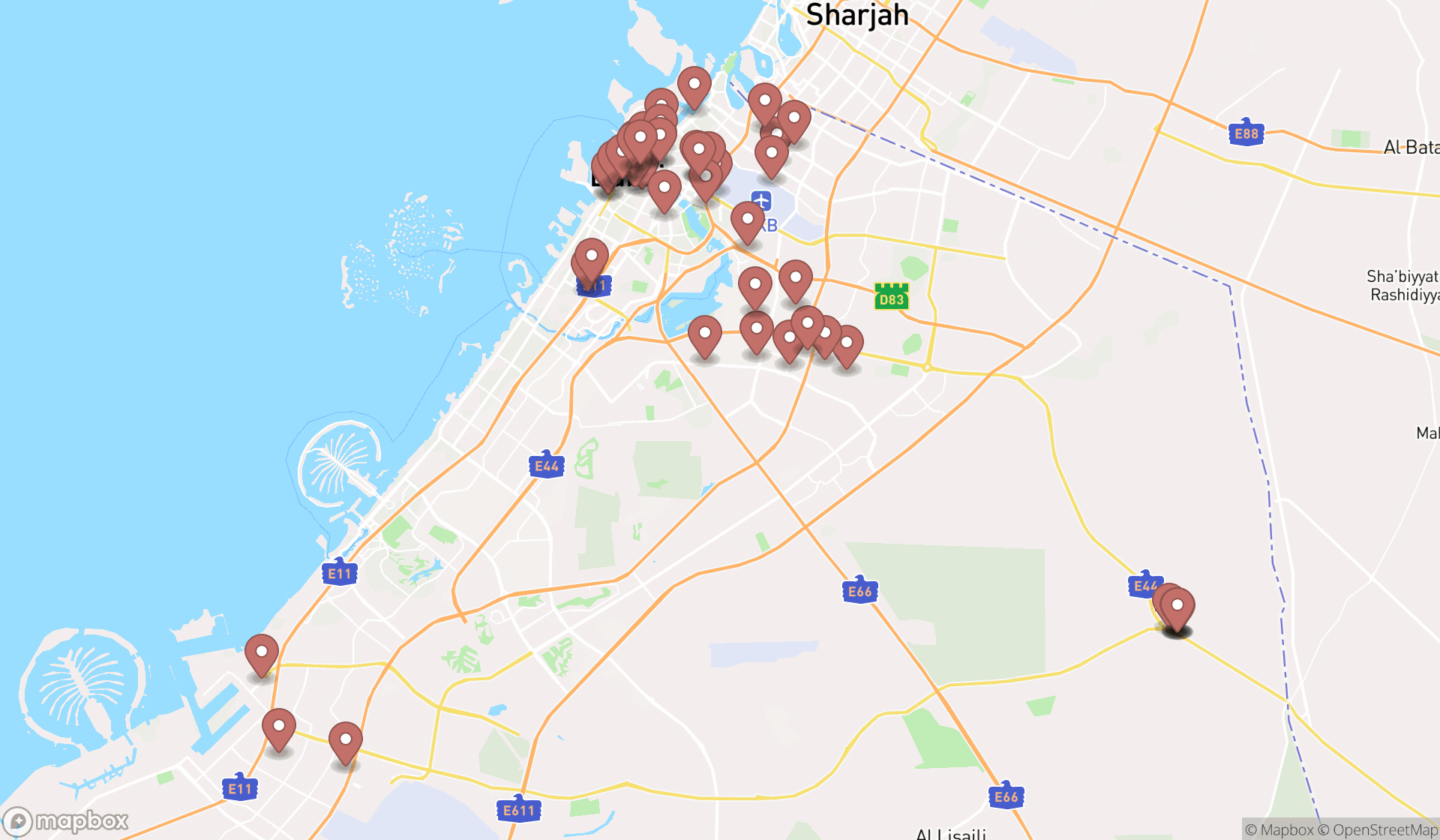 Map showing the search results in Dubai