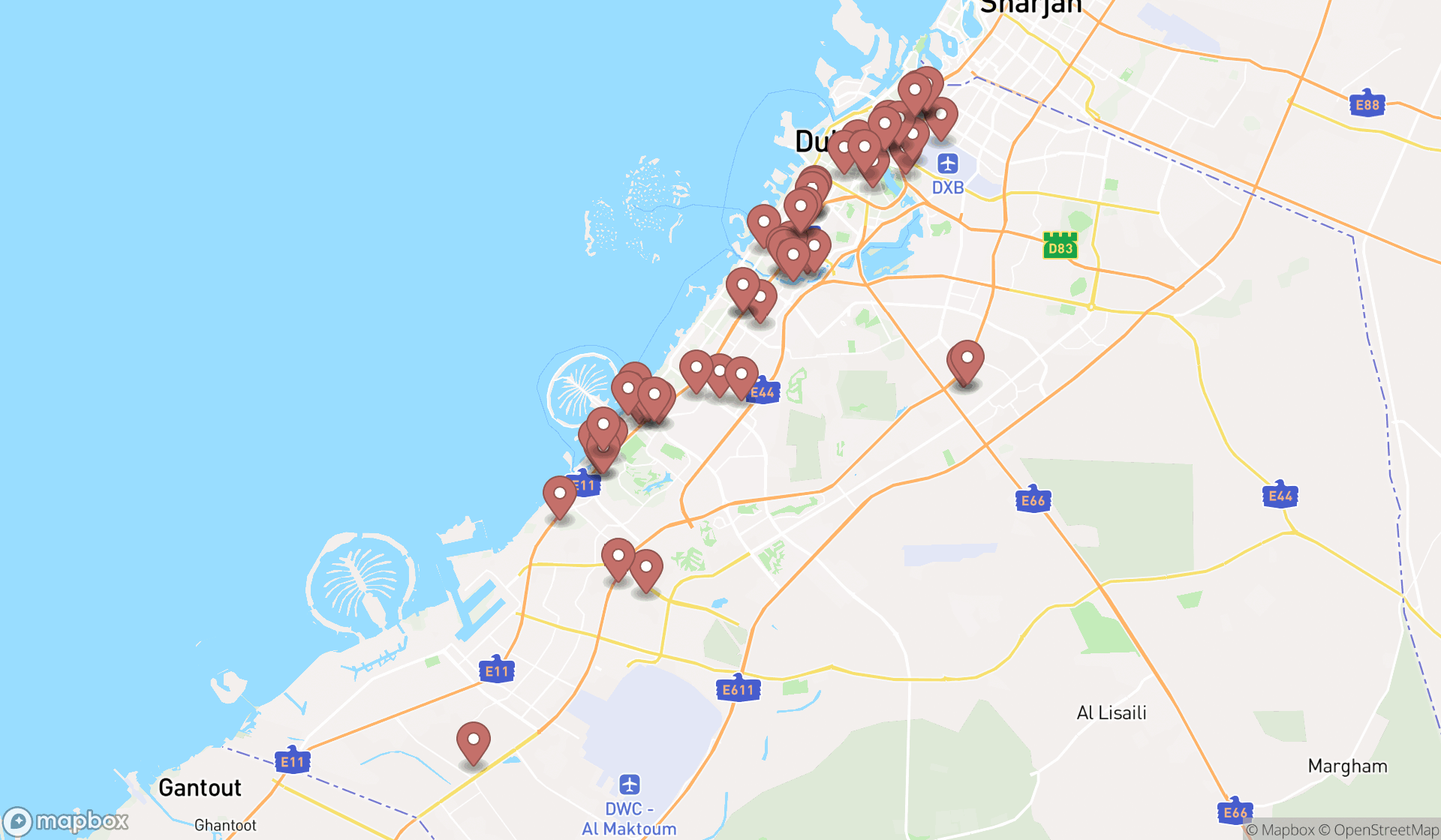 Map showing the search results in Dubai