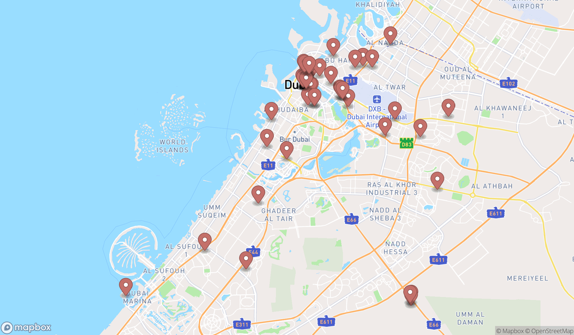 Map showing the search results in Dubai