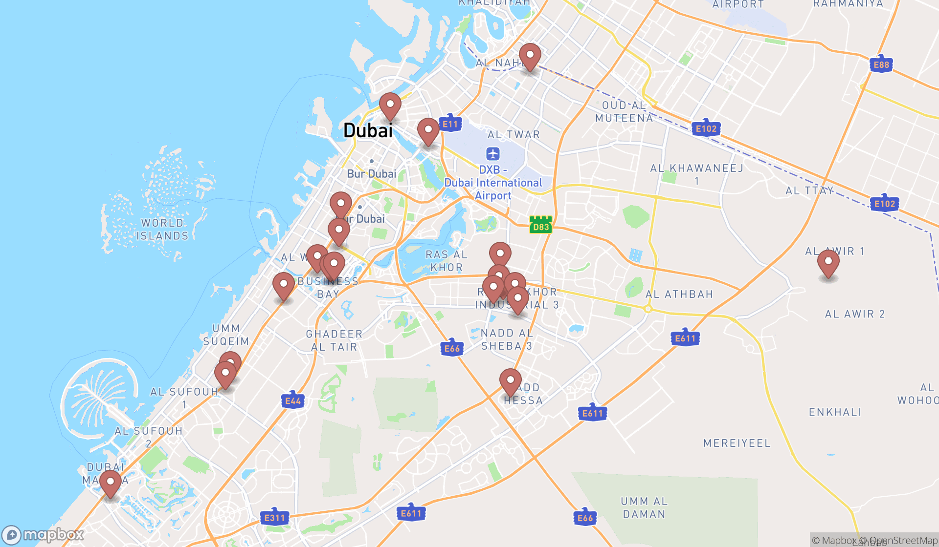 Map showing the search results in Dubai