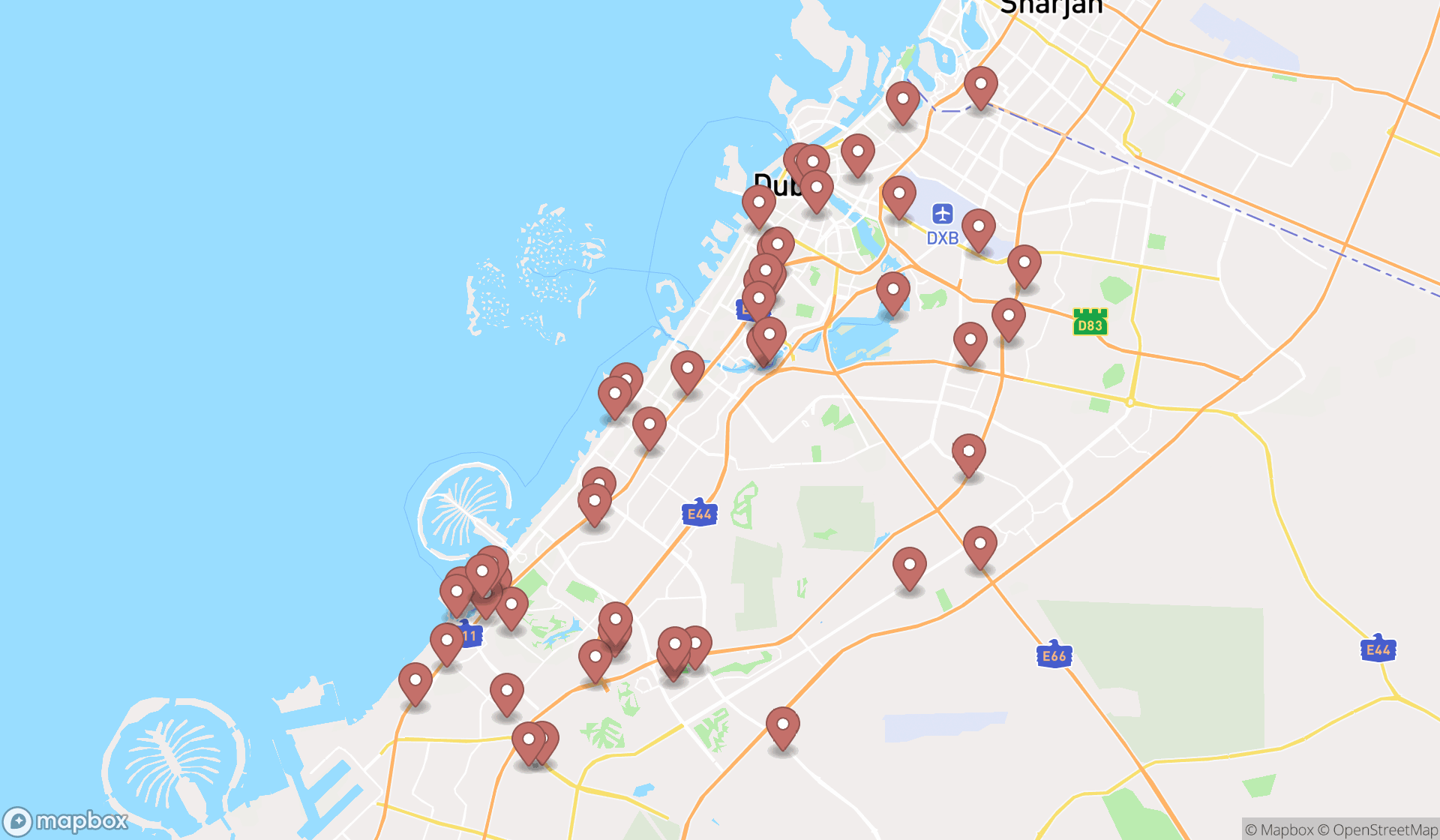 Map showing the search results in Dubai