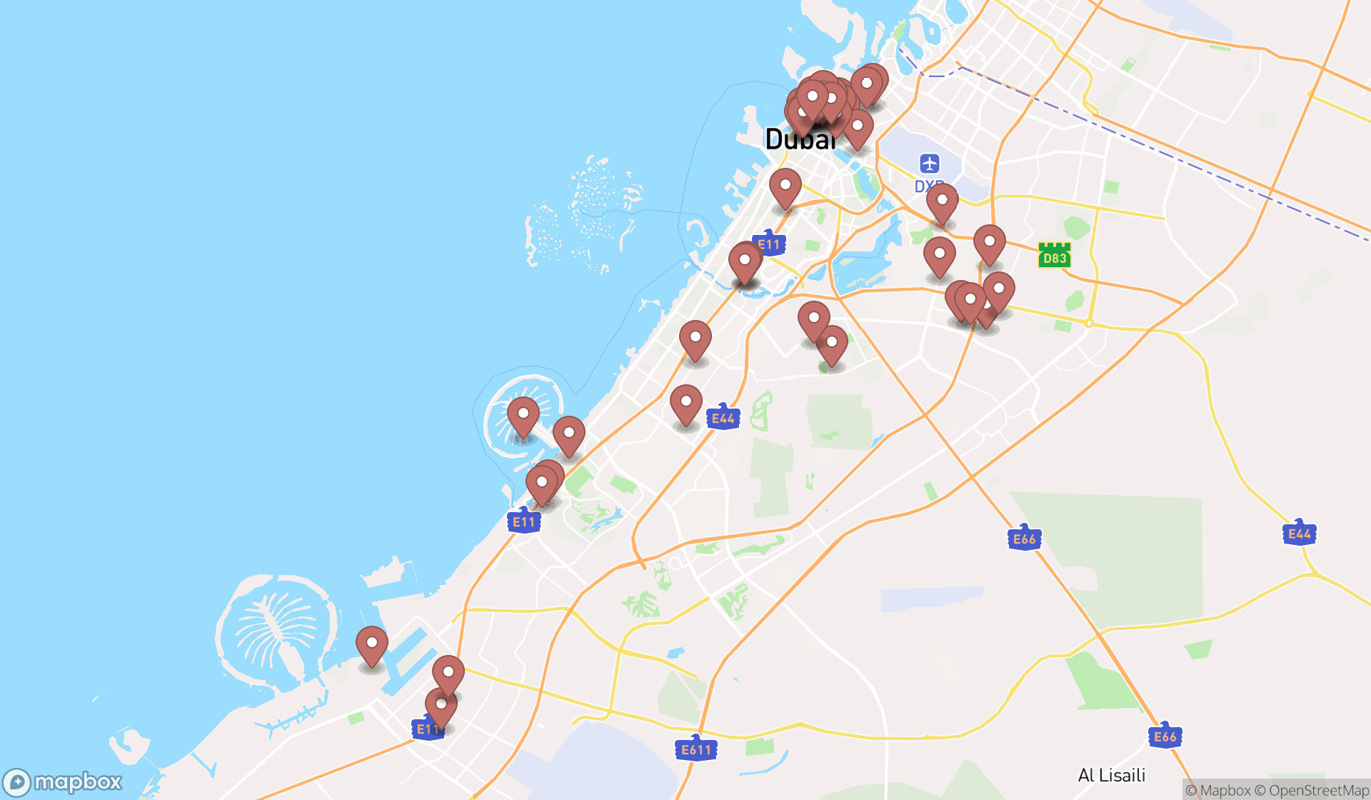 Map showing the search results in Dubai