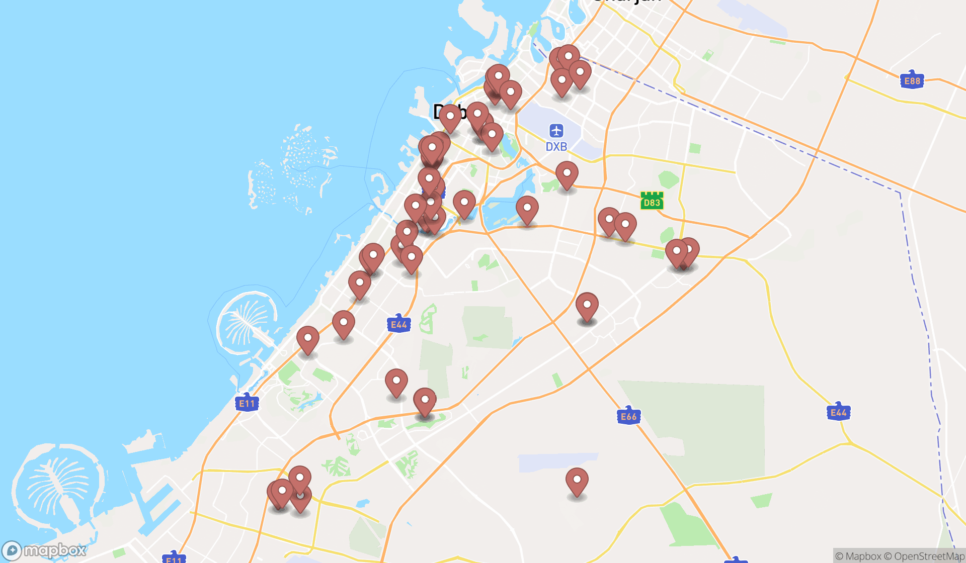 Map showing the search results in Dubai