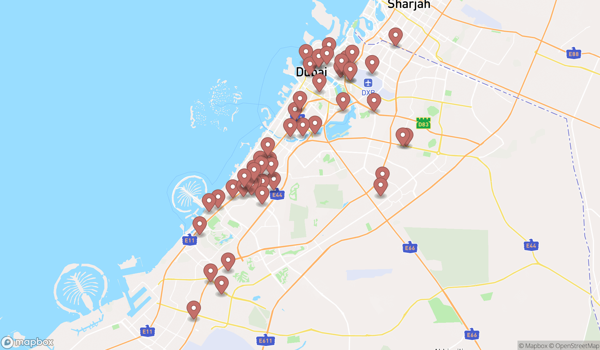 Map showing the search results in Dubai